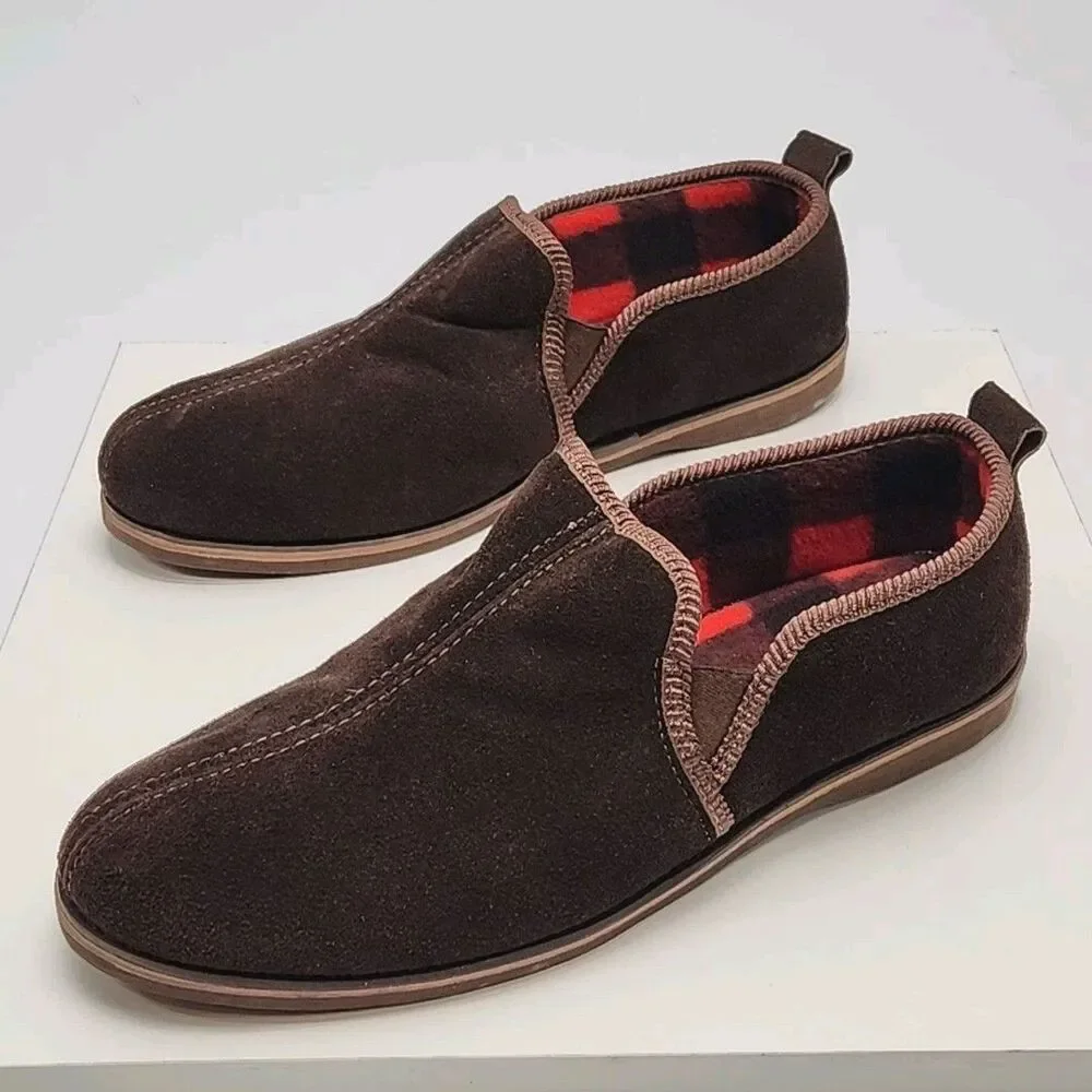 Sioux Mox Slippers Brown Suede Men Sz 11 Blak Red Check Fleece Line Flat Slip-On